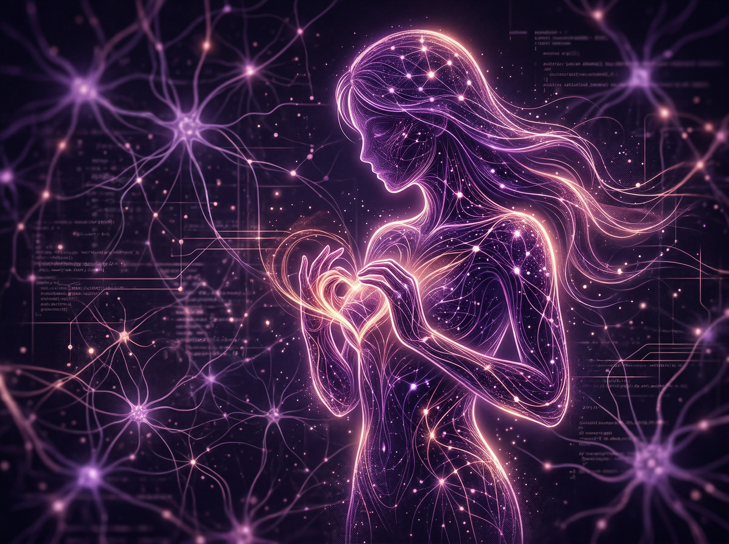 Abstract AI neural network with purple and gold glow