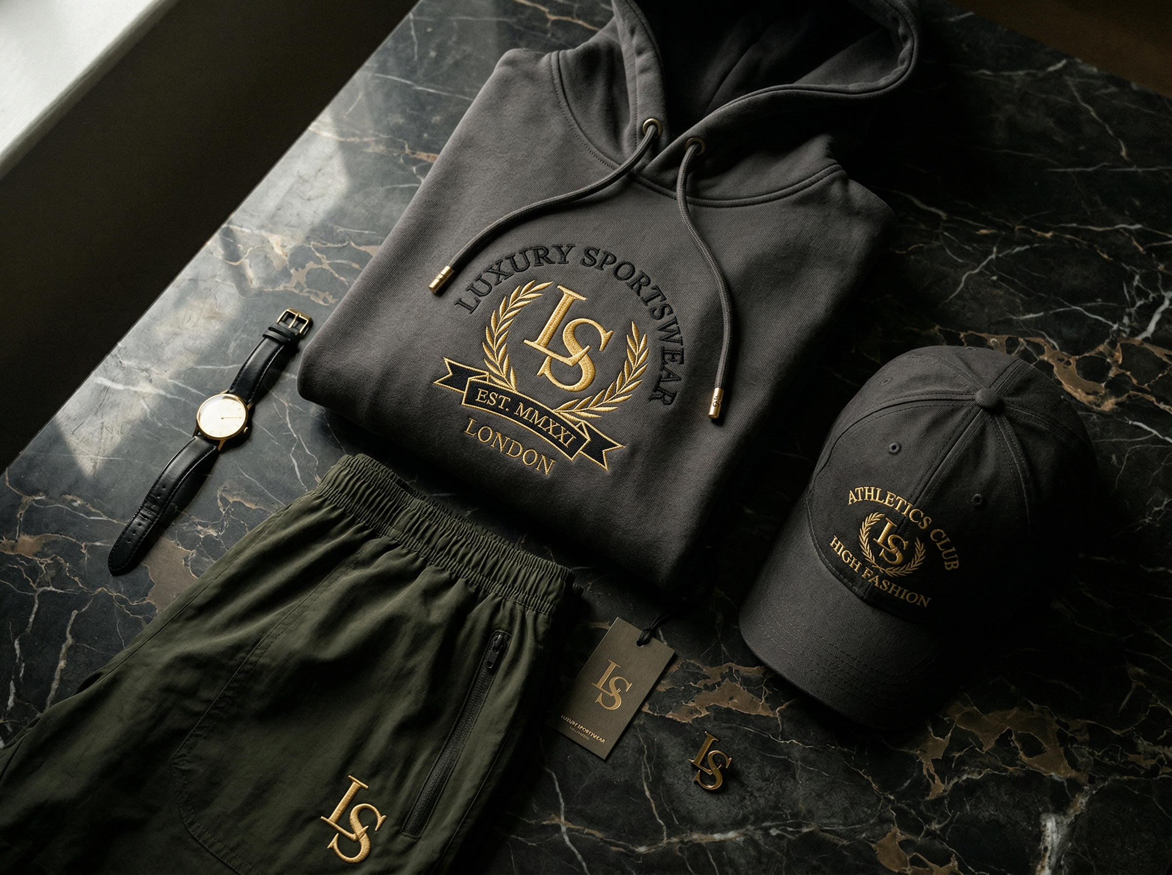 Premium sportswear flat lay with embroidered hoodie and cap